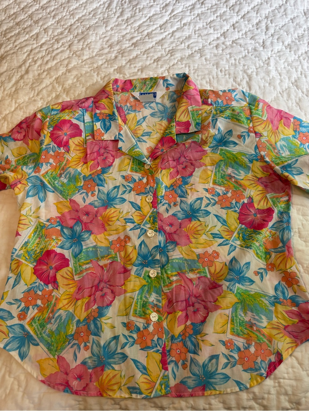 Vintage 90s Tropical Floral Button Up Shirt Women’s 18P Hawaiian Vacation Top